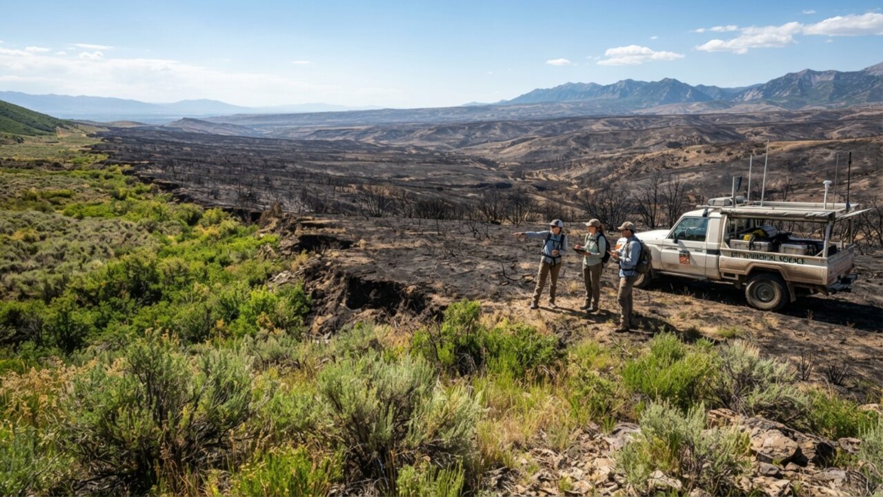 Um incêndio queimou cerca de 390 km² em Utah e deixou uma cicatriz marrom tão grande que satélites conseguiram compará-la diretamente com a paisagem de semanas antes