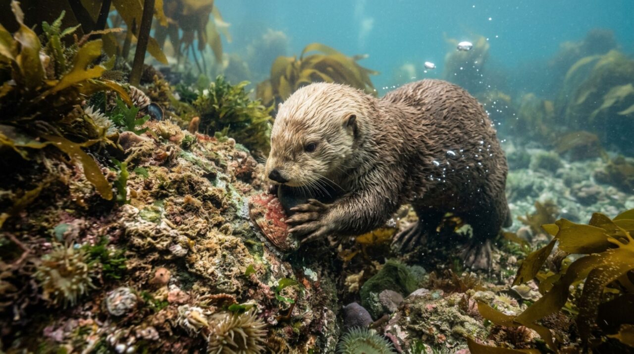 Lontra-marinha usando uma pedra para soltar alimento preso à rocha