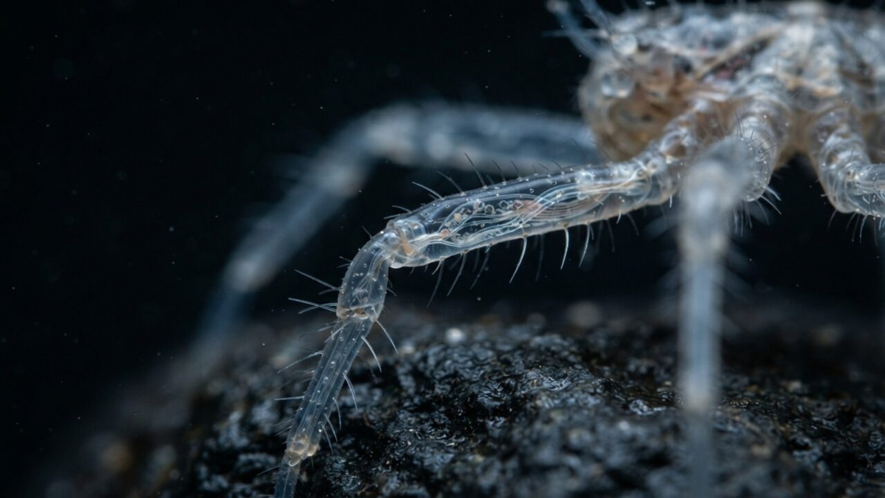 Uma aranha-marinha pode medir quase um metro de ponta a ponta: pernas enormes carregam um corpo minúsculo pelo fundo do oceano