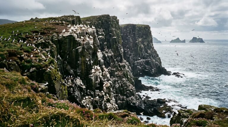 Milhares de aves marinhas ocupam os paredões de St Kilda durante a temporada reprodutiva