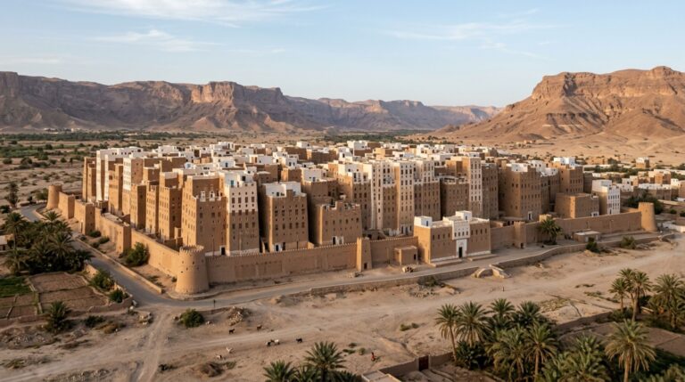 As torres de Shibam concentram moradias em altura dentro de um perímetro murado, formando um dos exemplos mais marcantes de urbanismo vertical histórico
