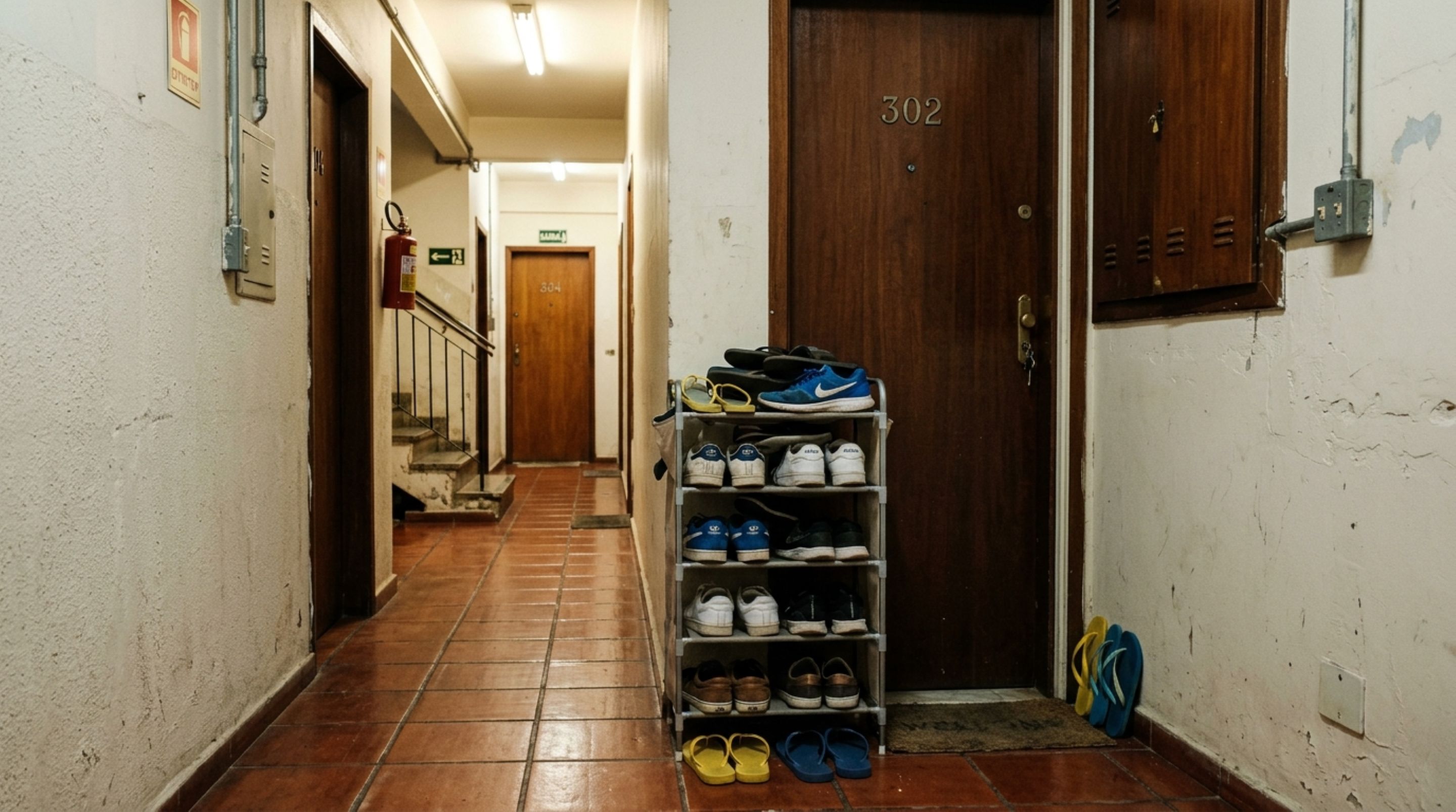 Moradora coloca uma sapateira ao lado da porta do apartamento e descobre que o corredor não faz parte da unidade