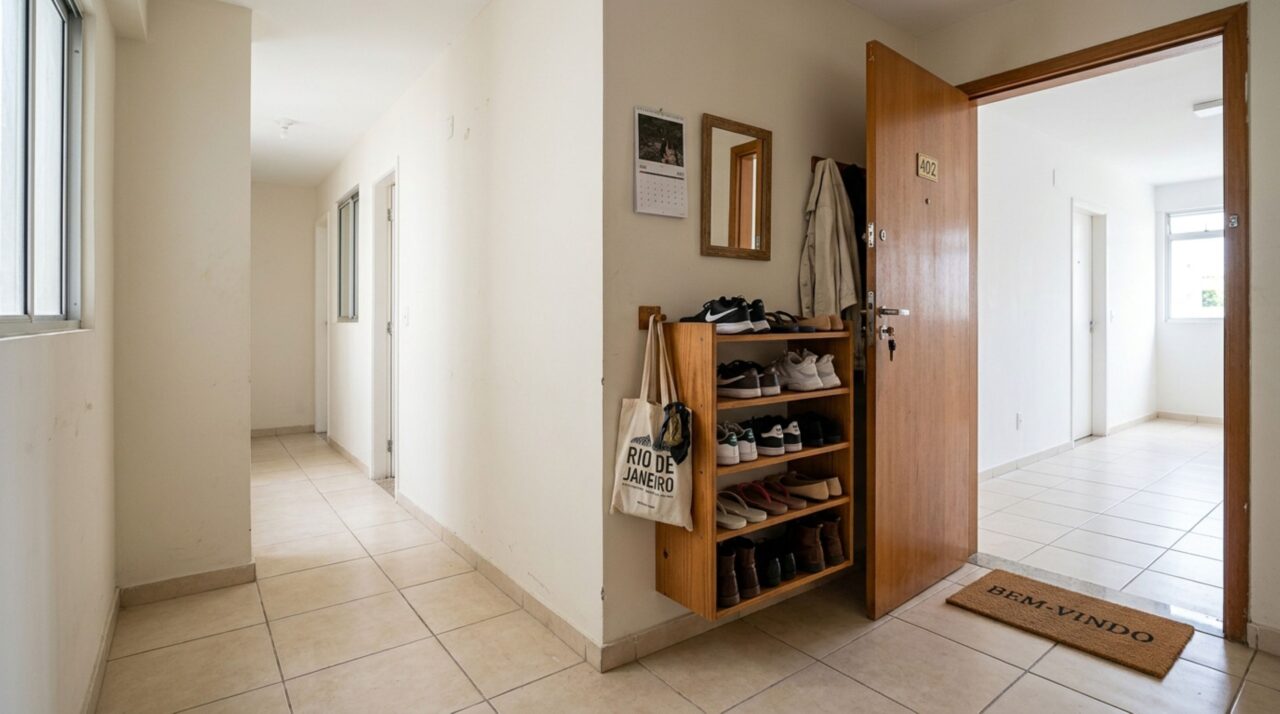 Moradora coloca uma sapateira ao lado da porta do apartamento e descobre que o corredor não faz parte da unidade