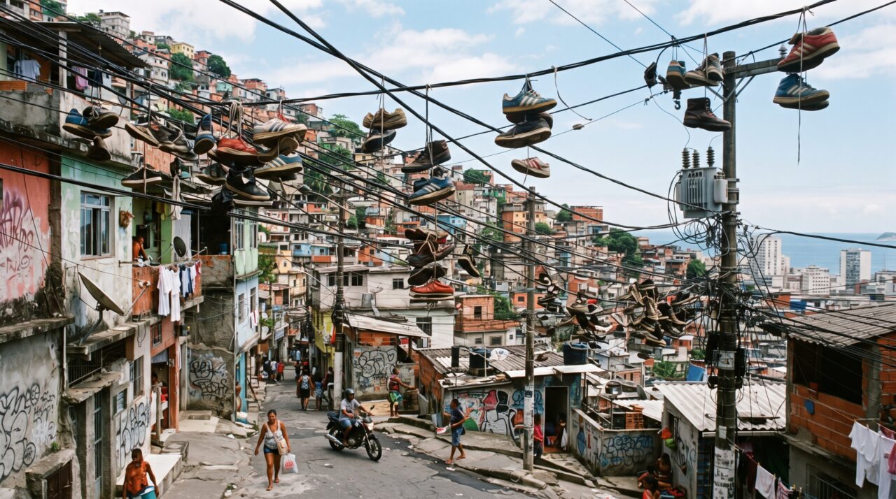 Registro urbano de calçados pendurados em cabos elétricos.