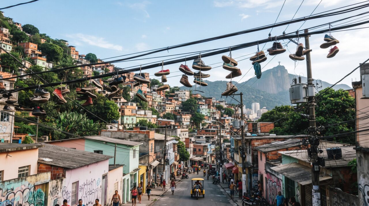 O que significa ver pares de tênis amarrados e pendurados nos fios elétricos da rua?