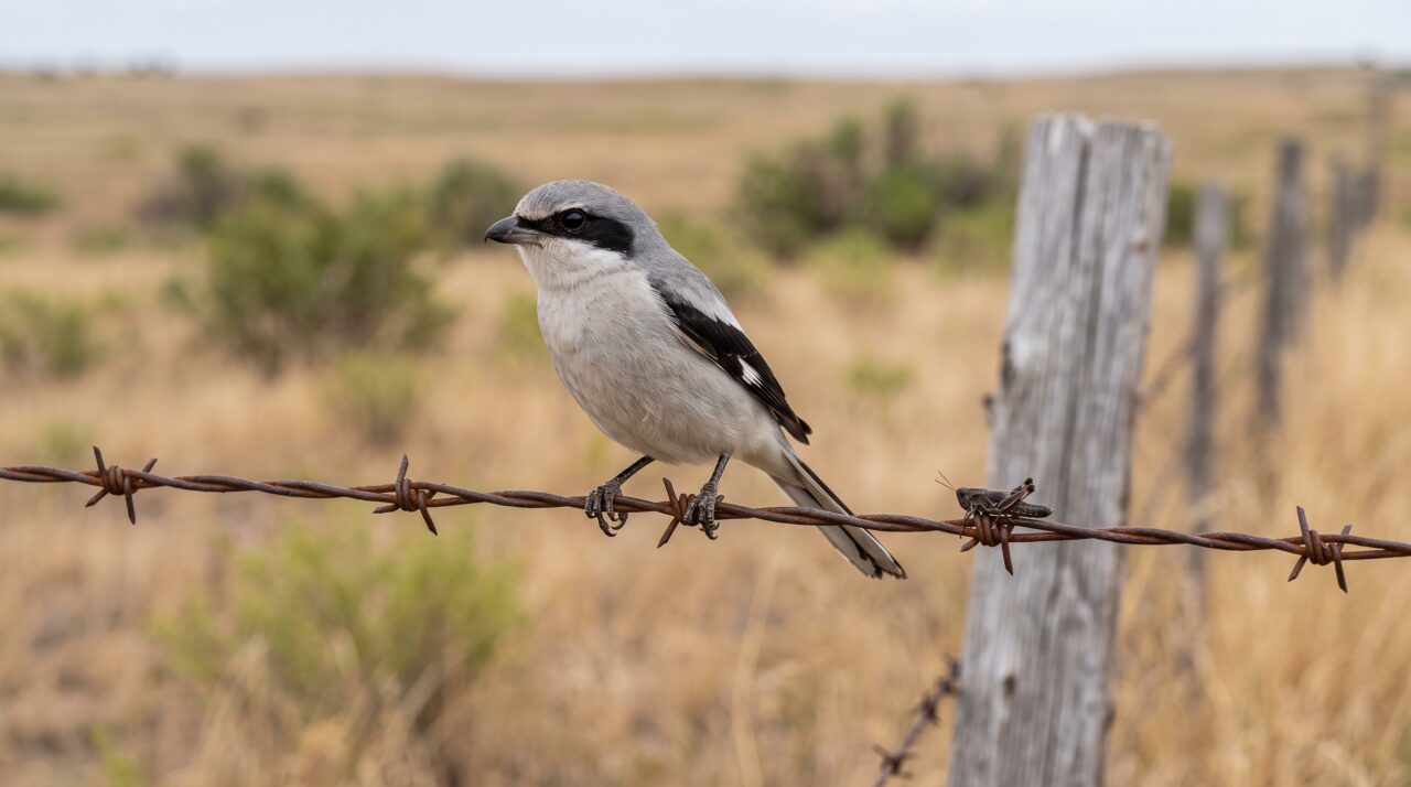 O pássaro sinistro que não possui garras ou bicos curvos, mas captura e empala roedores e insetos vivos em espinhos de cercas