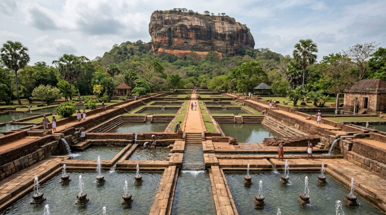 Os jardins de Sigiriya combinavam canais, piscinas, fossos e reservatórios em um sistema hidráulico planejado para acompanhar o desenho geométrico da antiga capital