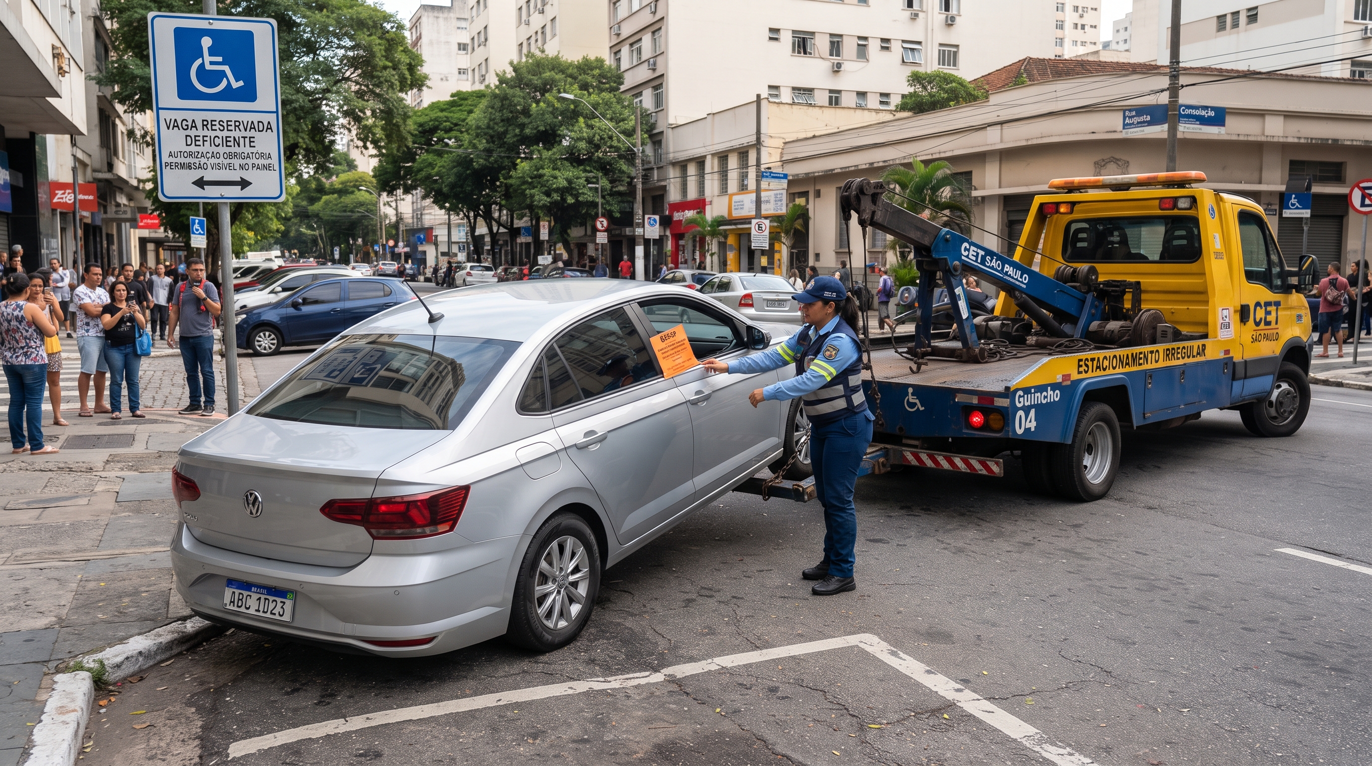 Jovem estaciona em vaga exclusiva para idosos por apenas três minutos para sacar dinheiro rápido no caixa eletrônico e volta a tempo de ver o carro ser guinchado