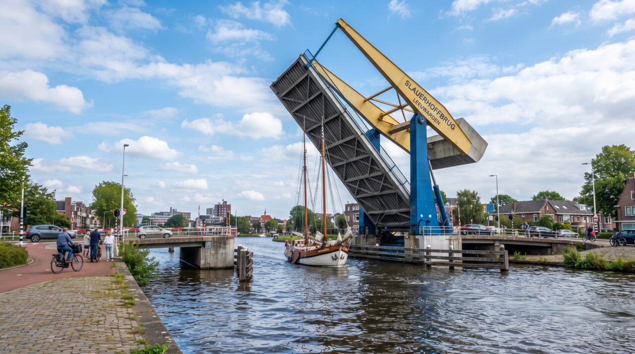 A ponte voadora Slauerhoffbrug na Holanda que levanta uma parte da rodovia no ar com um braço mecânico