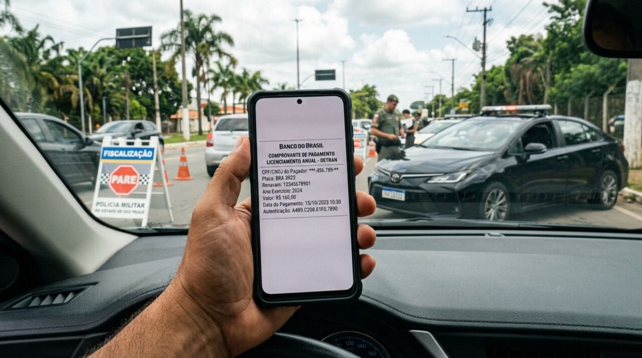 Condutora mostra o comprovante de pagamento do licenciamento no celular, acredita que ele substitui o CRLV e recebe orientação sobre qual documento comprova a situação do carro
