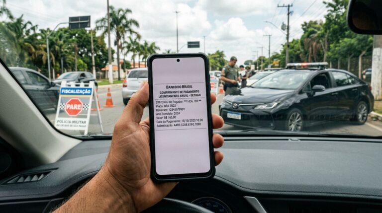 Condutora mostra o comprovante de pagamento do licenciamento no celular, acredita que ele substitui o CRLV e recebe orientação sobre qual documento comprova a situação do carro