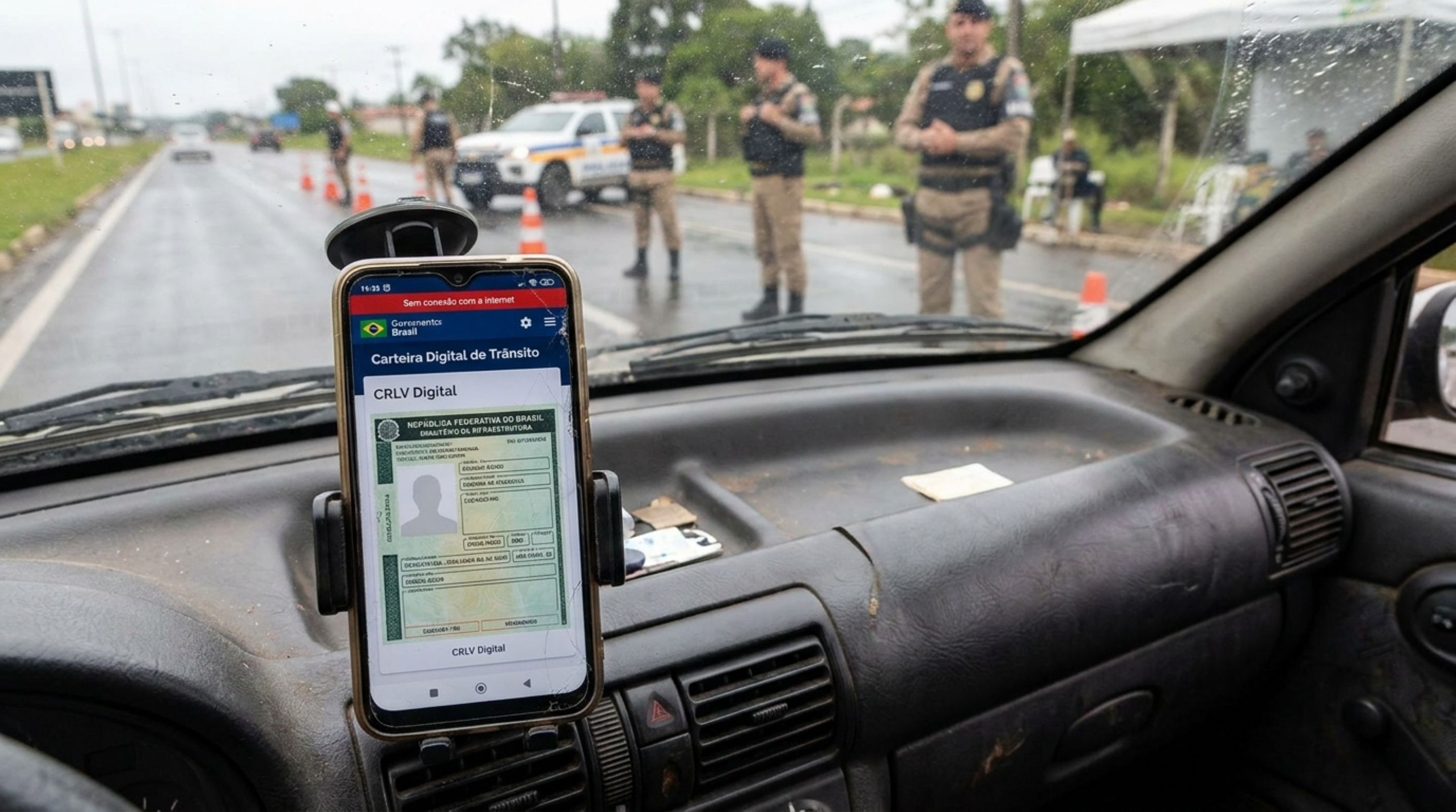 Motorista é parado em blitz, tenta abrir o documento do carro no celular e percebe que está sem internet, acredita que não conseguirá apresentar o CRLV e fiscalização explica como funciona o documento digital durante a abordagem