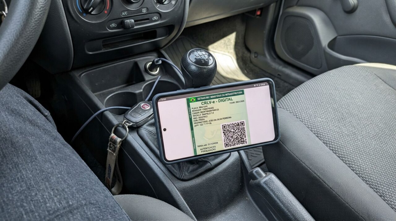 Condutora mostra o comprovante de pagamento do licenciamento no celular, acredita que ele substitui o CRLV e recebe orientação sobre qual documento comprova a situação do carro