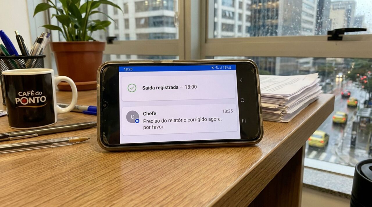 Funcionário bate o ponto e continua respondendo mensagens do chefe, semanas depois, percebe que esse período nunca aparece no sistema e começa a questionar quando o trabalho após o expediente entra na jornada