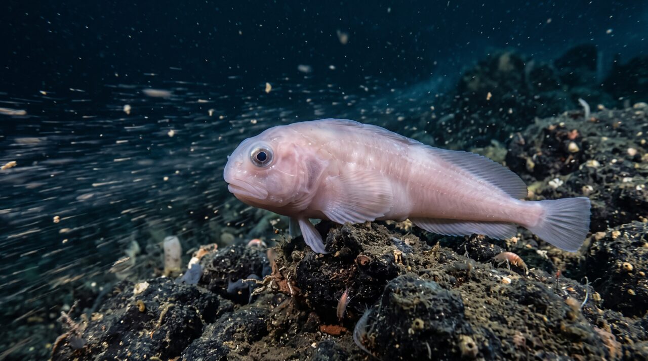 Um pequeno peixe do fundo consegue pairar contra a corrente enquanto procura alimento onde quase nada parece se mover