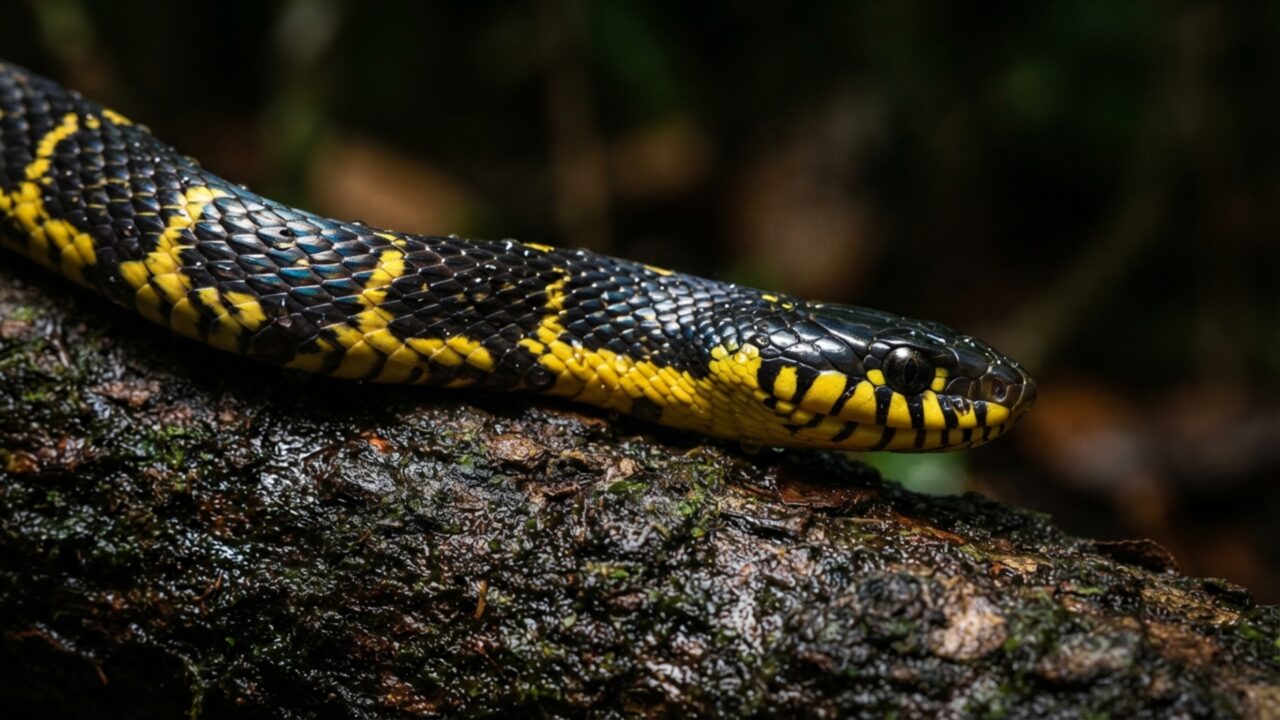 Uma cobra preta some entre galhos à noite: olhos verticais e presas traseiras revelam uma caçadora de manguezais