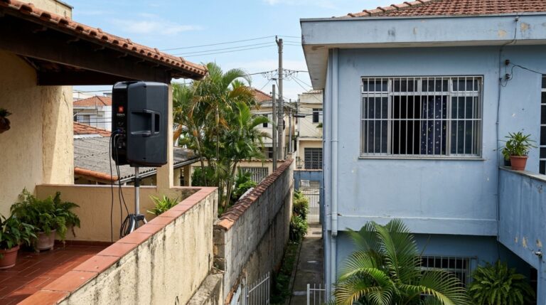 Família retorna do fim de semana e descobre caixa de som instalada na varanda, a poucos metros do quarto das crianças