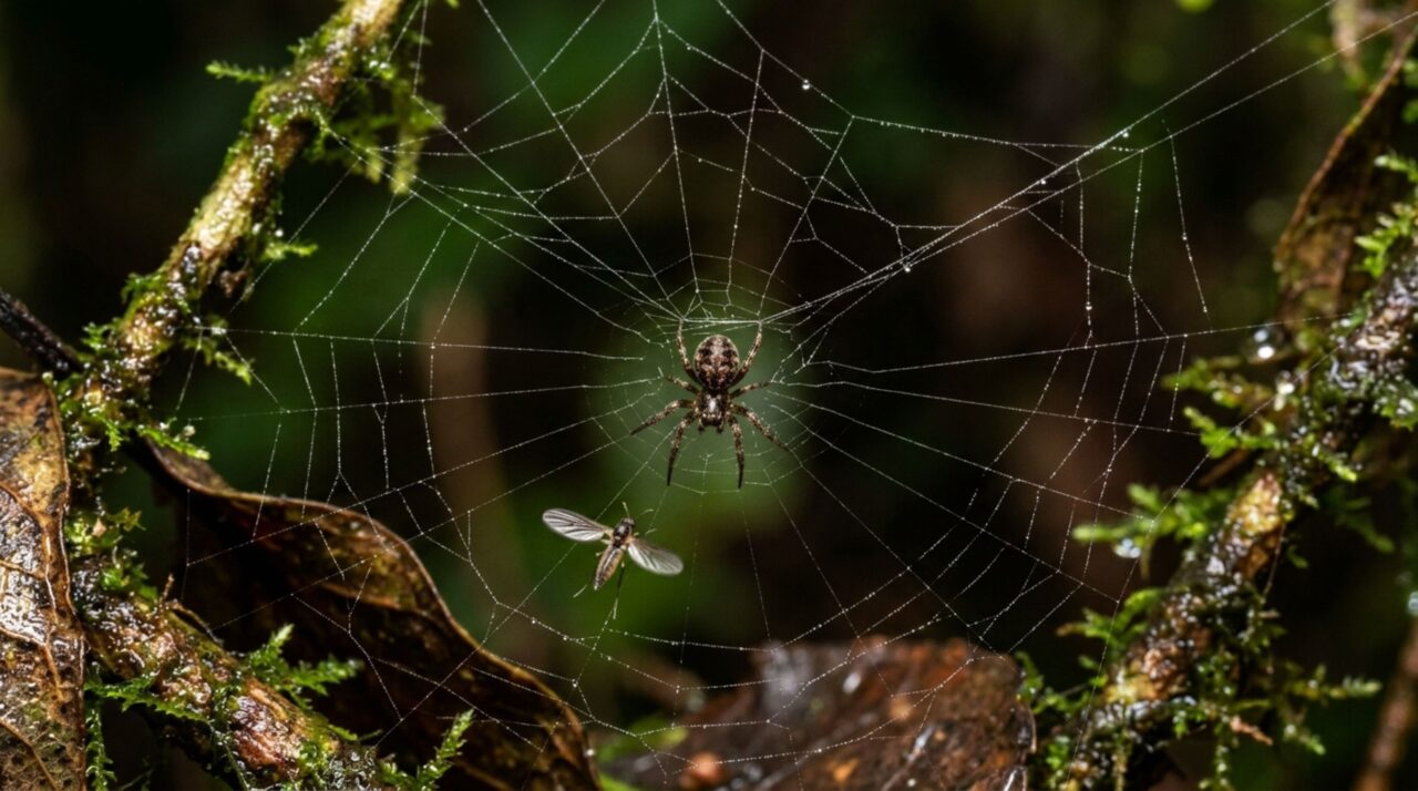 Uma aranha transforma a própria teia em estilingue, puxa a estrutura para trás e solta tudo de uma vez quando uma presa passa diante dela