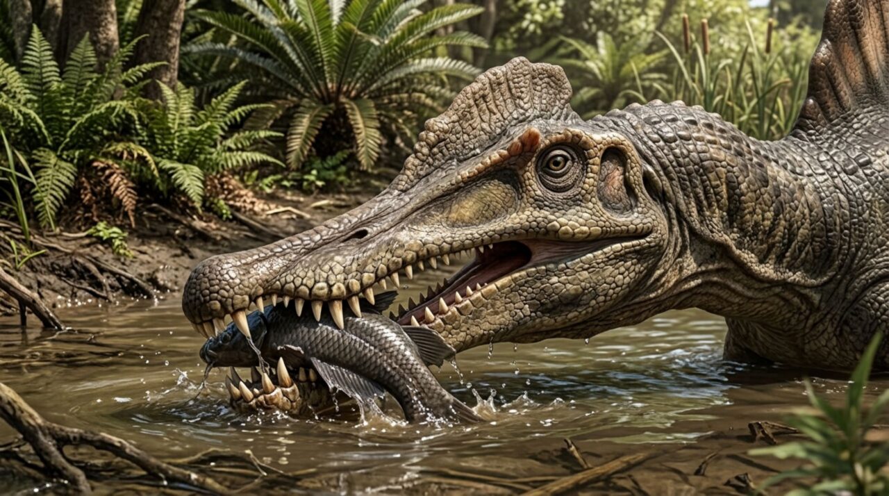 O crânio de Spinosaurus mirabilis combina uma crista de exibição excepcional com adaptações compatíveis com captura de peixes em rios do antigo Saara