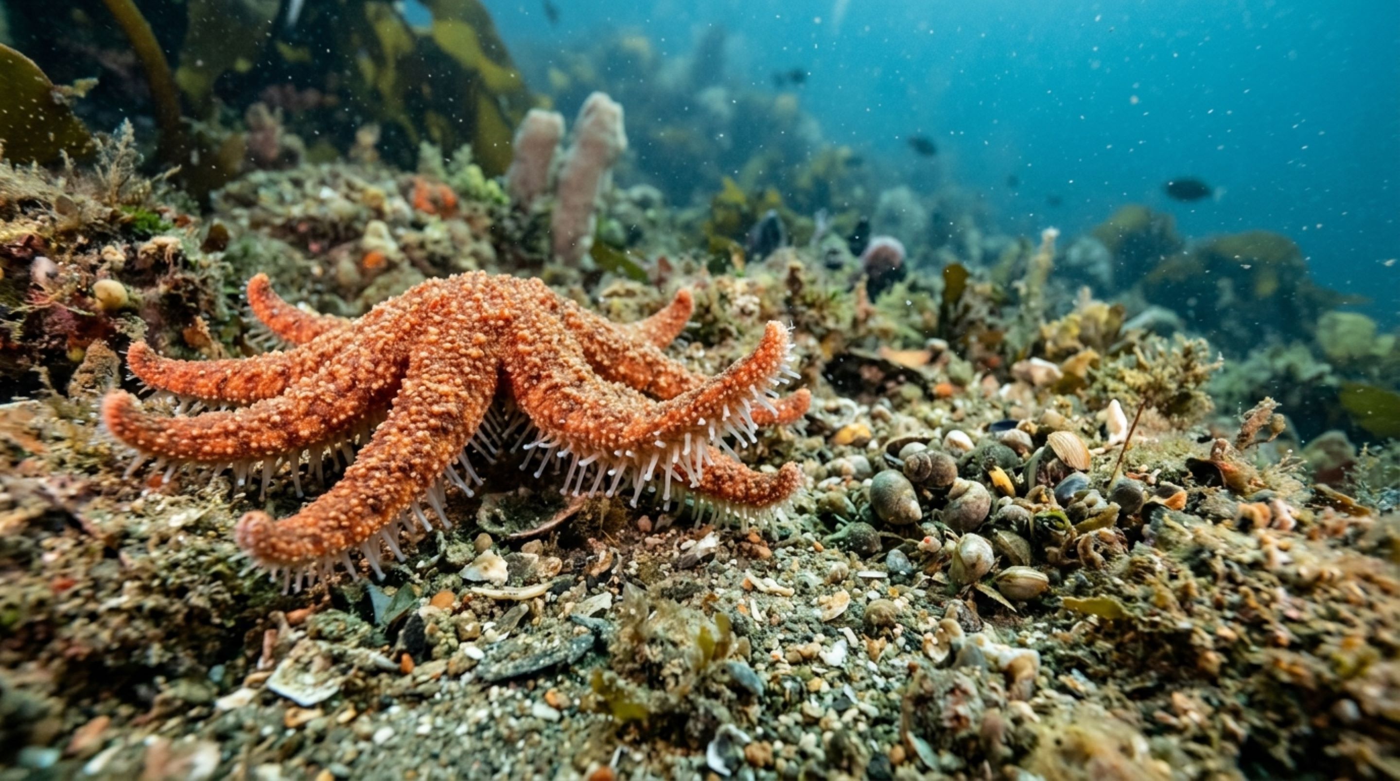 Uma estrela-do-mar do fundo do oceano não espera comida cair e consegue perseguir pequenos animais usando milhares de pés hidráulicos como pernas