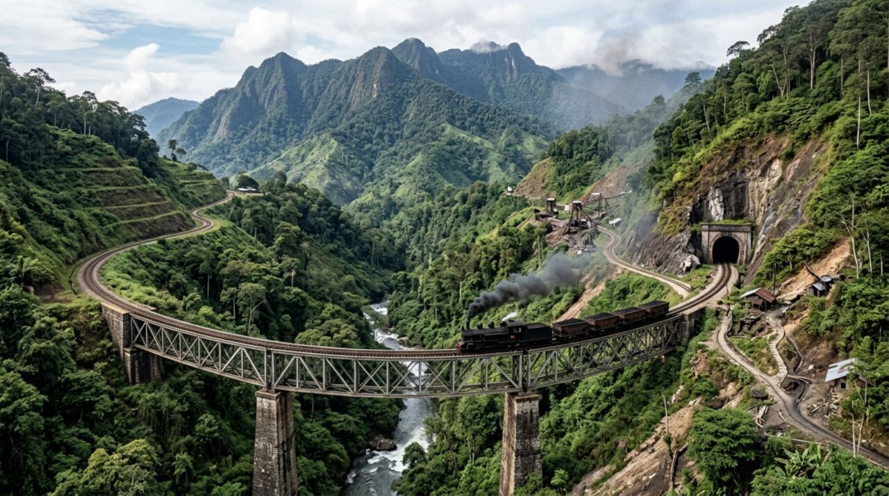 Uma mina escondida nas montanhas precisava levar carvão até o oceano e engenheiros construíram 155 quilômetros de ferrovia por Sumatra