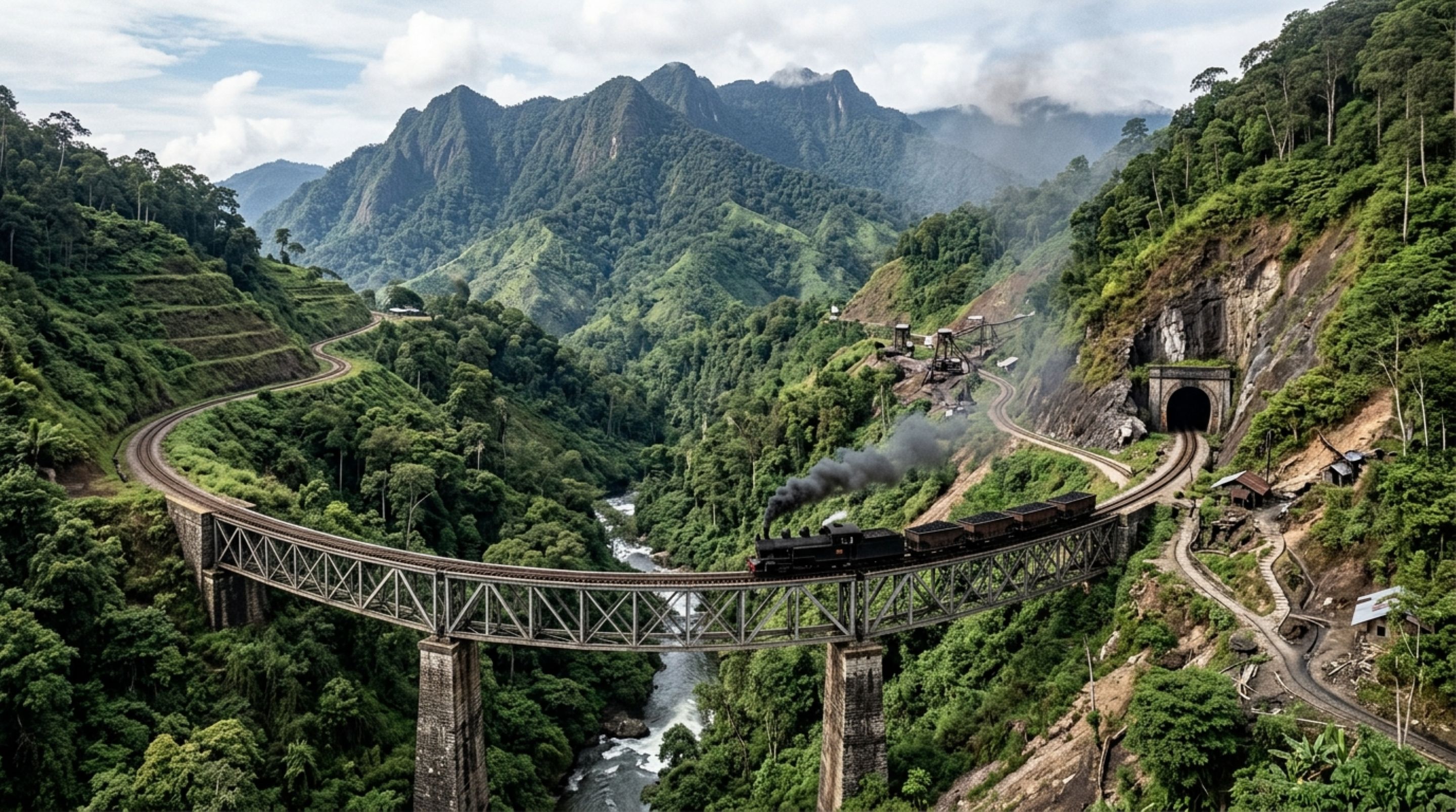 Uma mina escondida nas montanhas precisava levar carvão até o oceano e engenheiros construíram 155 quilômetros de ferrovia por Sumatra