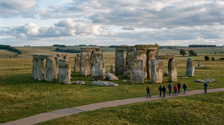 Stonehenge erguido na planície de Salisbury com seus grandes trilitos