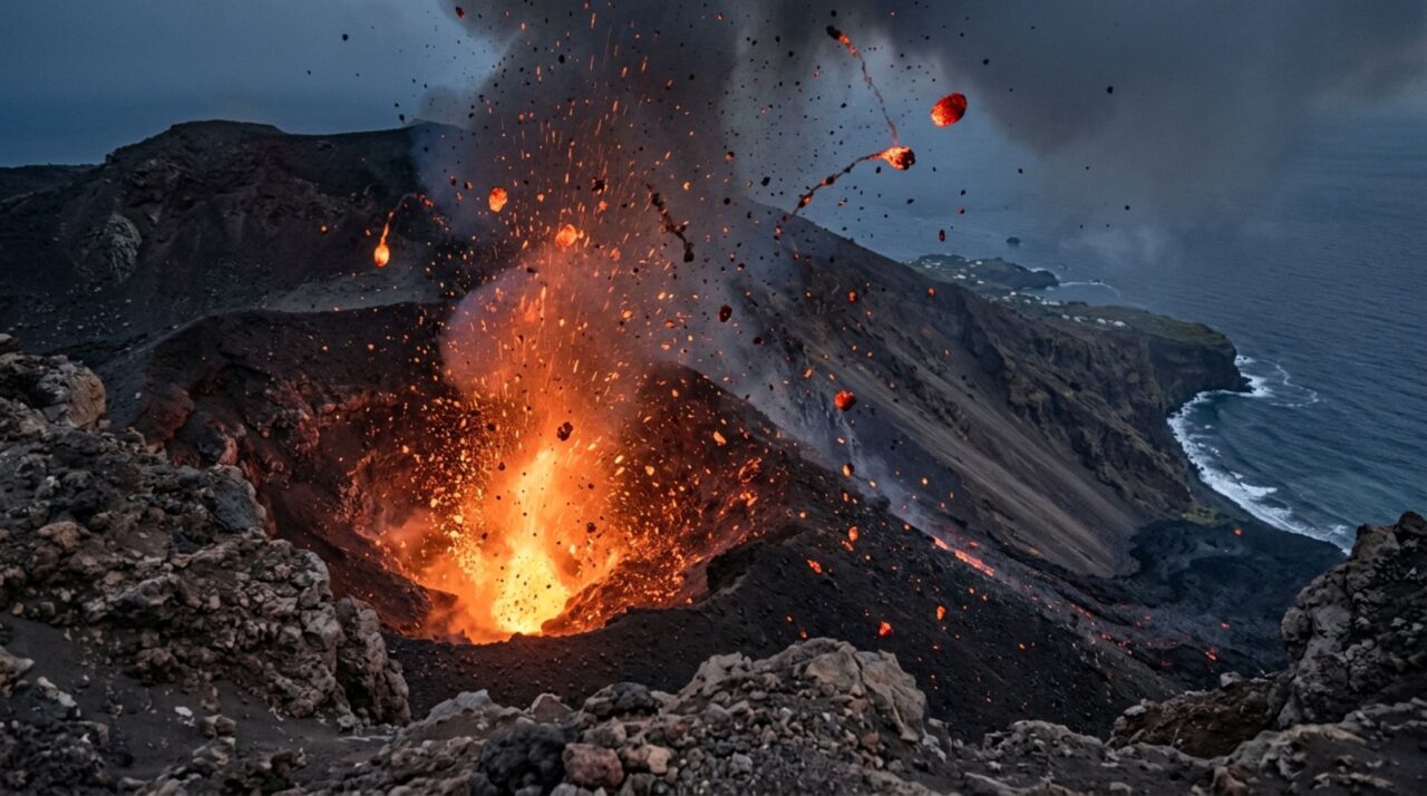As explosões estrombolianas resultam da liberação intermitente de gás no magma e lançam fragmentos incandescentes ao redor das crateras