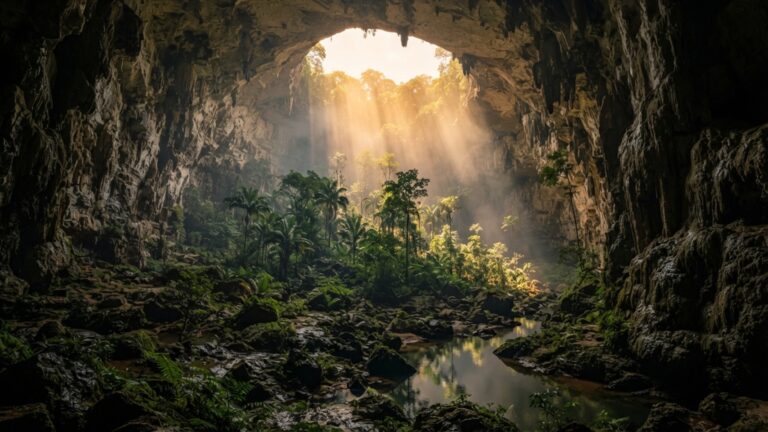 Seis grandes desabamentos abriram janelas de luz num rio subterrâneo brasileiro e fizeram uma floresta crescer dentro de cavernas com salões de até 100 metros