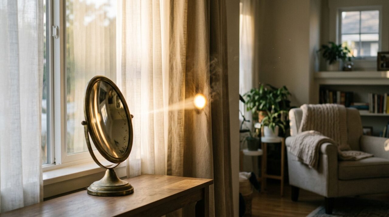 Após pintar a sala e trocar os móveis de lugar, moradora sente cheiro de queimado perto da janela e descobre que um espelho concentrava a luz do sol sobre a cortina