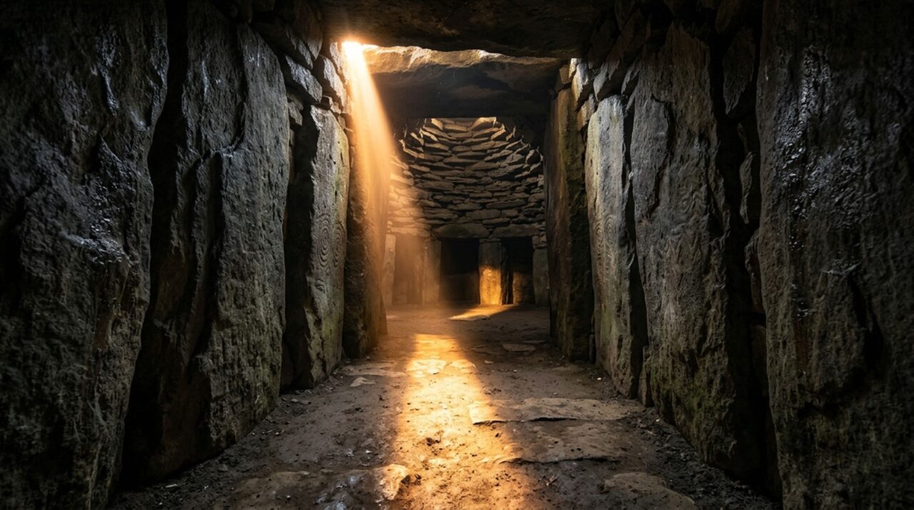 A luz do solstício alcançando a câmara interna de Newgrange
