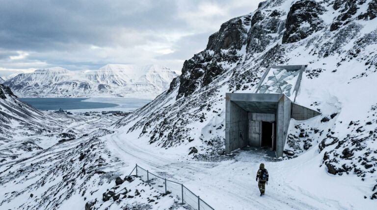 Entrada do Svalbard Seed Vault em uma montanha do Ártico norueguês