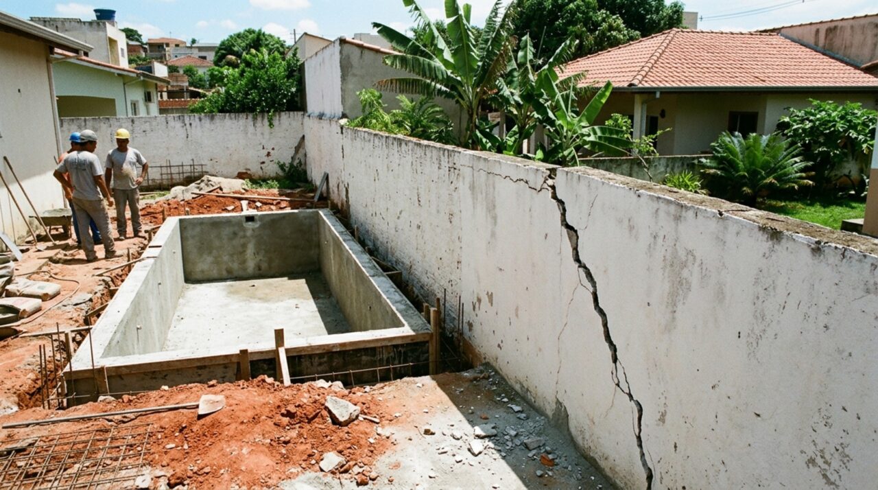 Família constrói piscina a 1,2 metro do muro e vizinho cobra R$ 18 mil por rachaduras na própria casa, então perícia precisa definir quem deve pagar