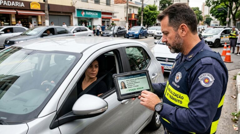 Motorista é parado na blitz de trânsito, diz estar sem a CNH física e sem o celular no momento, agente consulta o sistema e condutor descobre quando o porte do documento pode ser dispensado