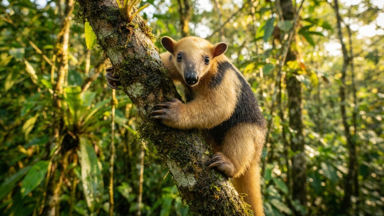 A parte de baixo da cauda não tem pelos porque este tamanduá precisa agarrar galhos como se tivesse uma mão extra