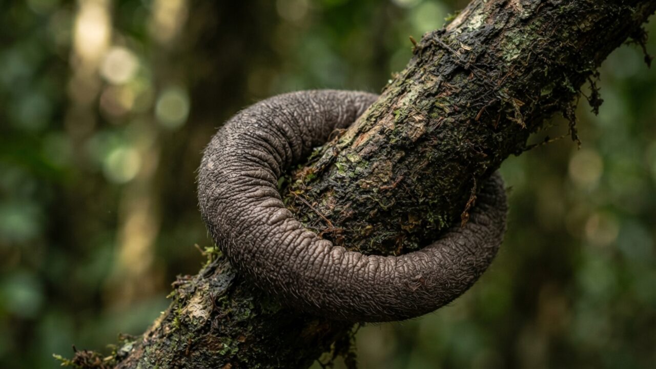 A parte de baixo da cauda não tem pelos porque este tamanduá precisa agarrar galhos como se tivesse uma mão extra