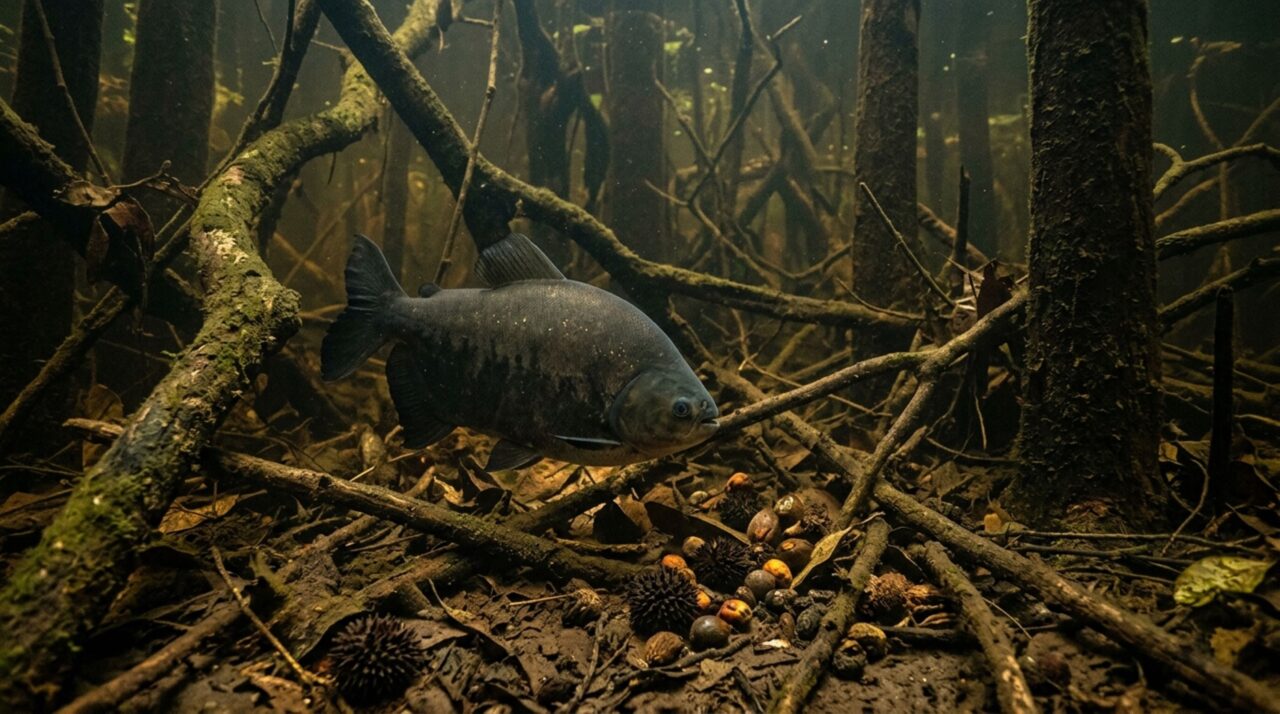 Peixes como o tambaqui entram na floresta inundada para consumir frutos e sementes e podem também contribuir para sua dispersão