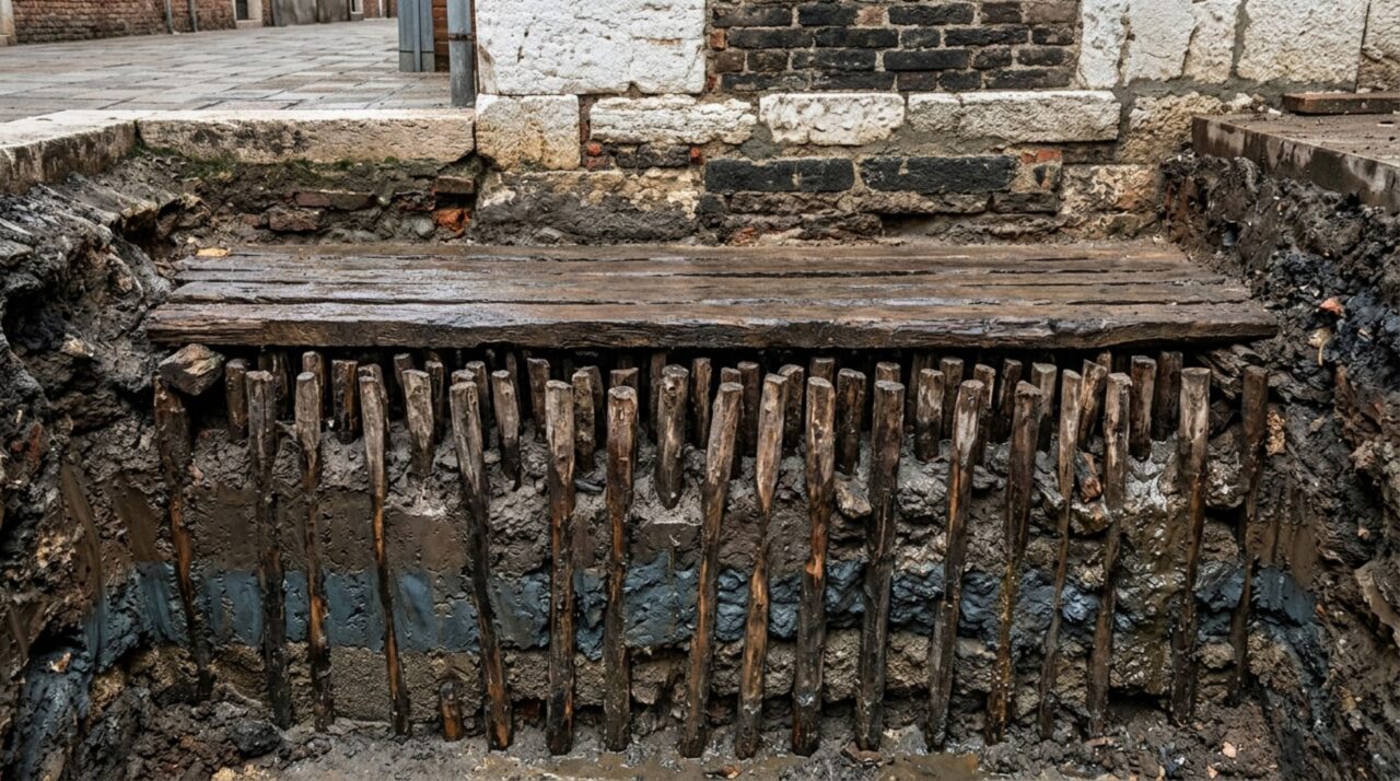 Estacas de madeira, pranchas e solo saturado trabalham juntos para distribuir as cargas das construções históricas de Veneza