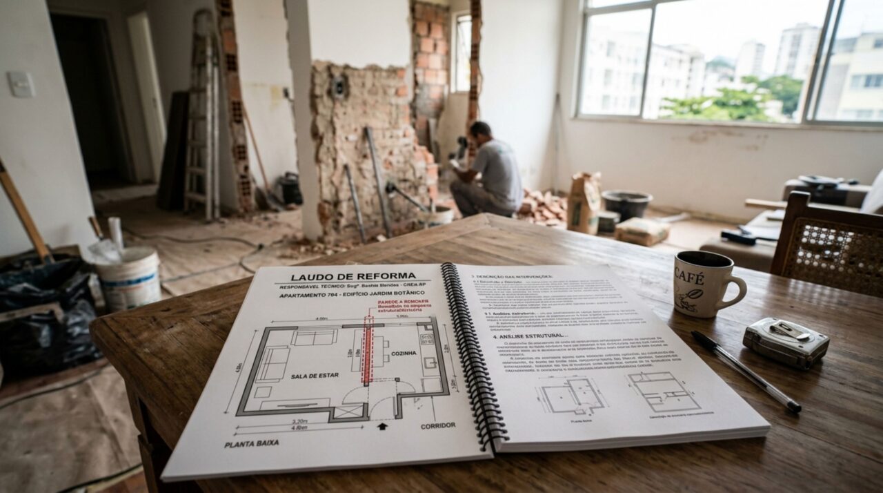 Morador de apartamento remove a parede da varanda para ampliar a sala, e o síndico aparece com a convenção e a norma técnica que exigem laudo e aprovação