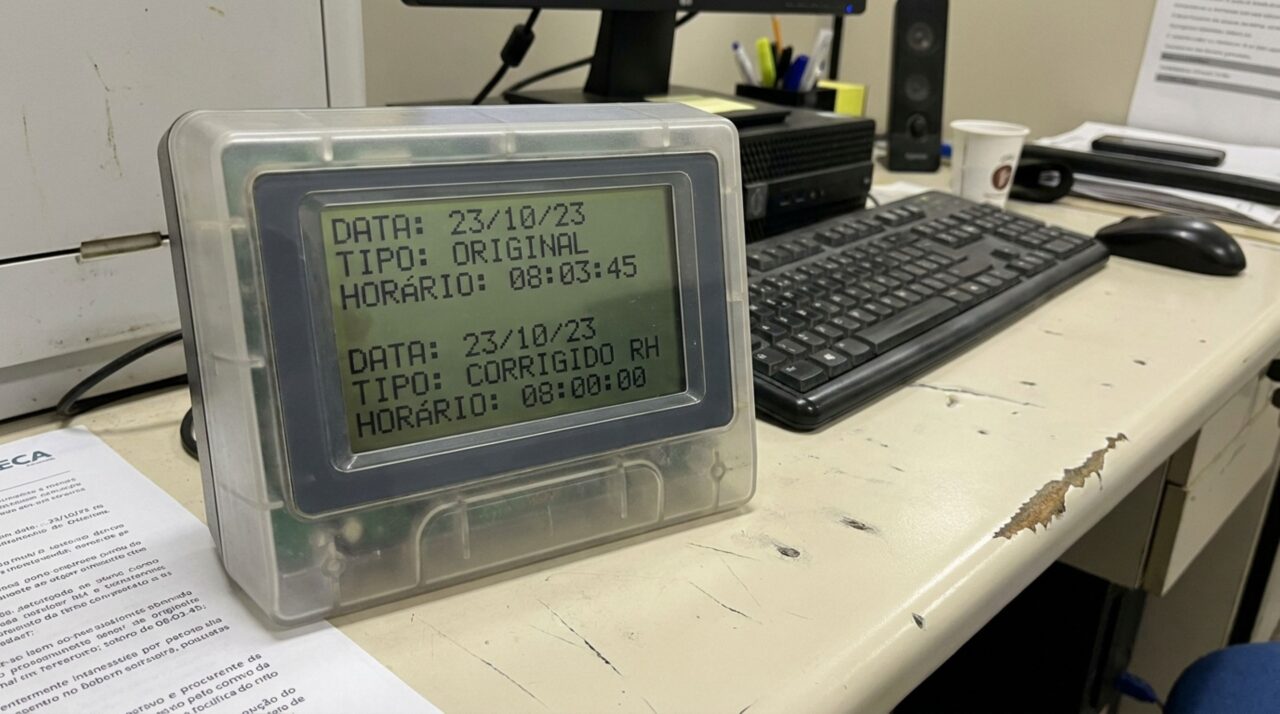 Funcionária esquece uma marcação e, ao pedir correção, percebe que o horário original desapareceu da tela, RH diz que o sistema foi ajustado e ela descobre que alterações do ponto eletrônico precisam permanecer identificáveis