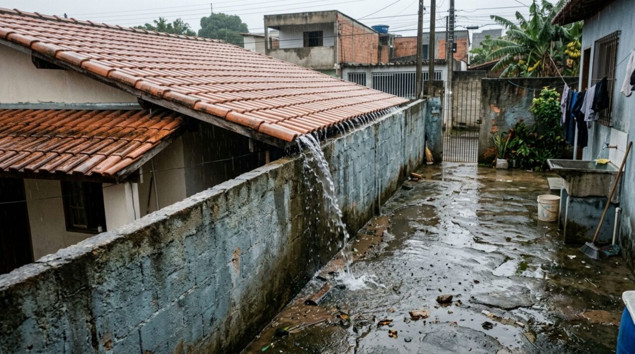 Casal retorna do fim de semana e descobre cobertura avançando sobre a divisa, ele questiona a estrutura depois que a chuva começa a cair em seu quintal