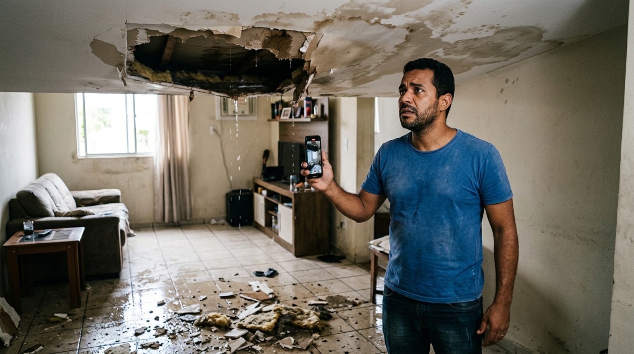 Inquilino avisa sobre goteira após tempestade e semanas depois recebe cobrança porque o forro desabou antes do reparo