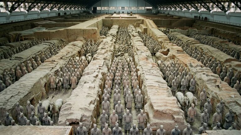 Fileiras de guerreiros de terracota na grande fossa funerária