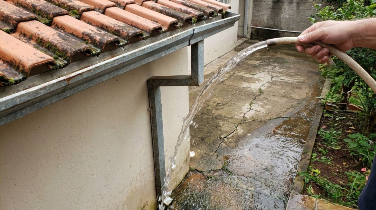 Família cobre o quintal com telhas para proteger a lavanderia, e a primeira tempestade joga toda a água sobre a garagem vizinha