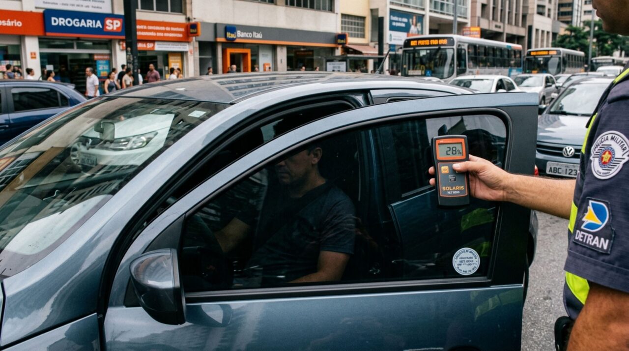 Motorista é parado em blitz com película escura nos vidros dianteiros, mostra a chancela do instalador e acredita que isso comprova a regularidade, fiscalização explica como a transparência é medida