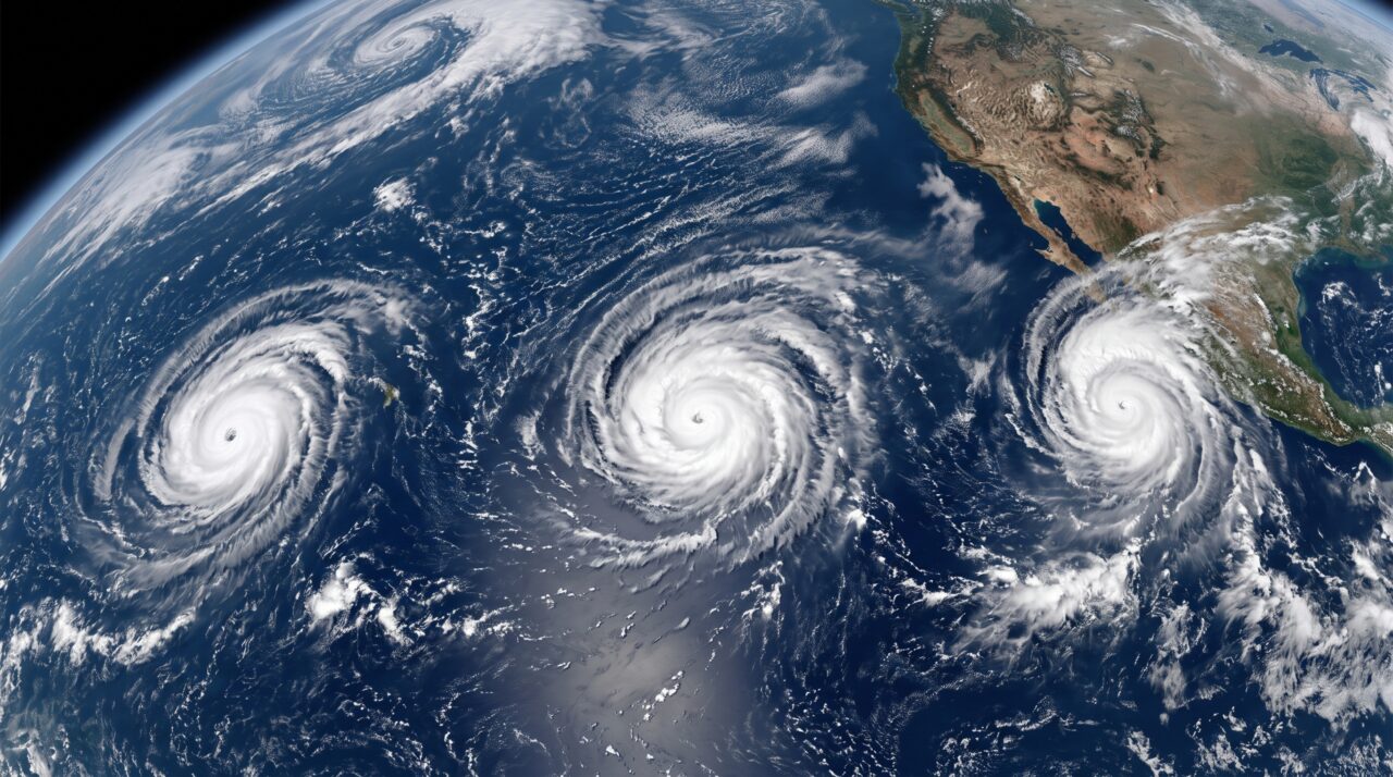 Três ciclones apareceram ao mesmo tempo no Pacífico enquanto o Atlântico permanecia surpreendentemente quieto visto pelos satélites