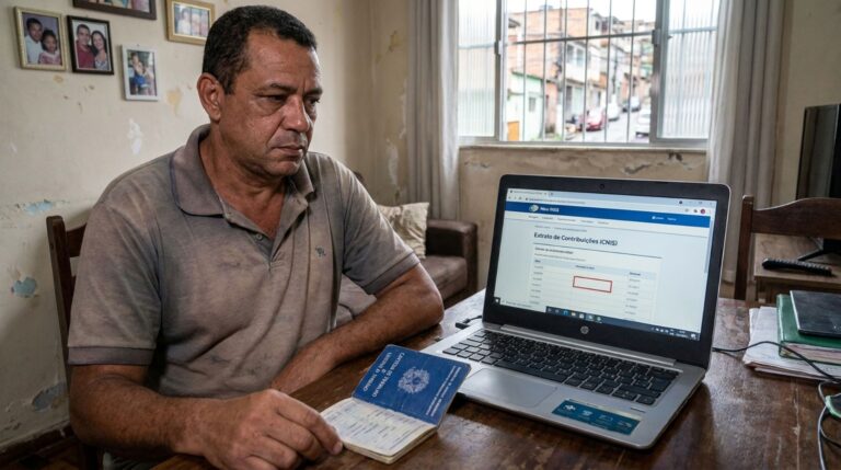 Trabalhador entra no Meu INSS para simular a aposentadoria, percebe que cinco anos de emprego não aparecem no CNIS e descobre como corrigir os vínculos antes de fazer o pedido