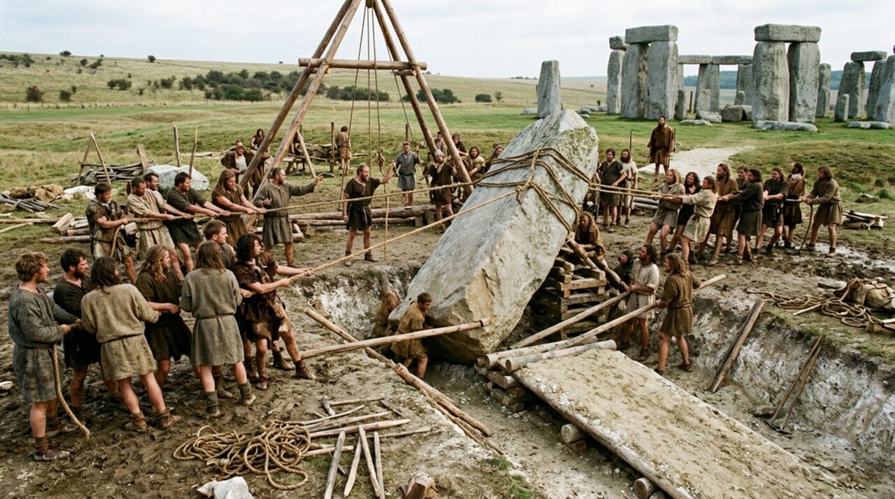 Reconstrução plausível do levantamento de uma das grandes pedras de Stonehenge