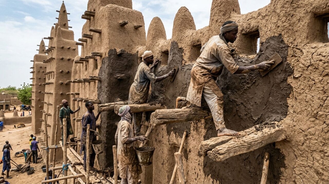 A renovação periódica do barro e o uso dos toron permitem conservar a arquitetura de Djenné diante do desgaste provocado pelo clima