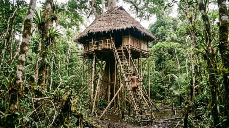 Casa Korowai tradicional elevada sobre a floresta alagadiça